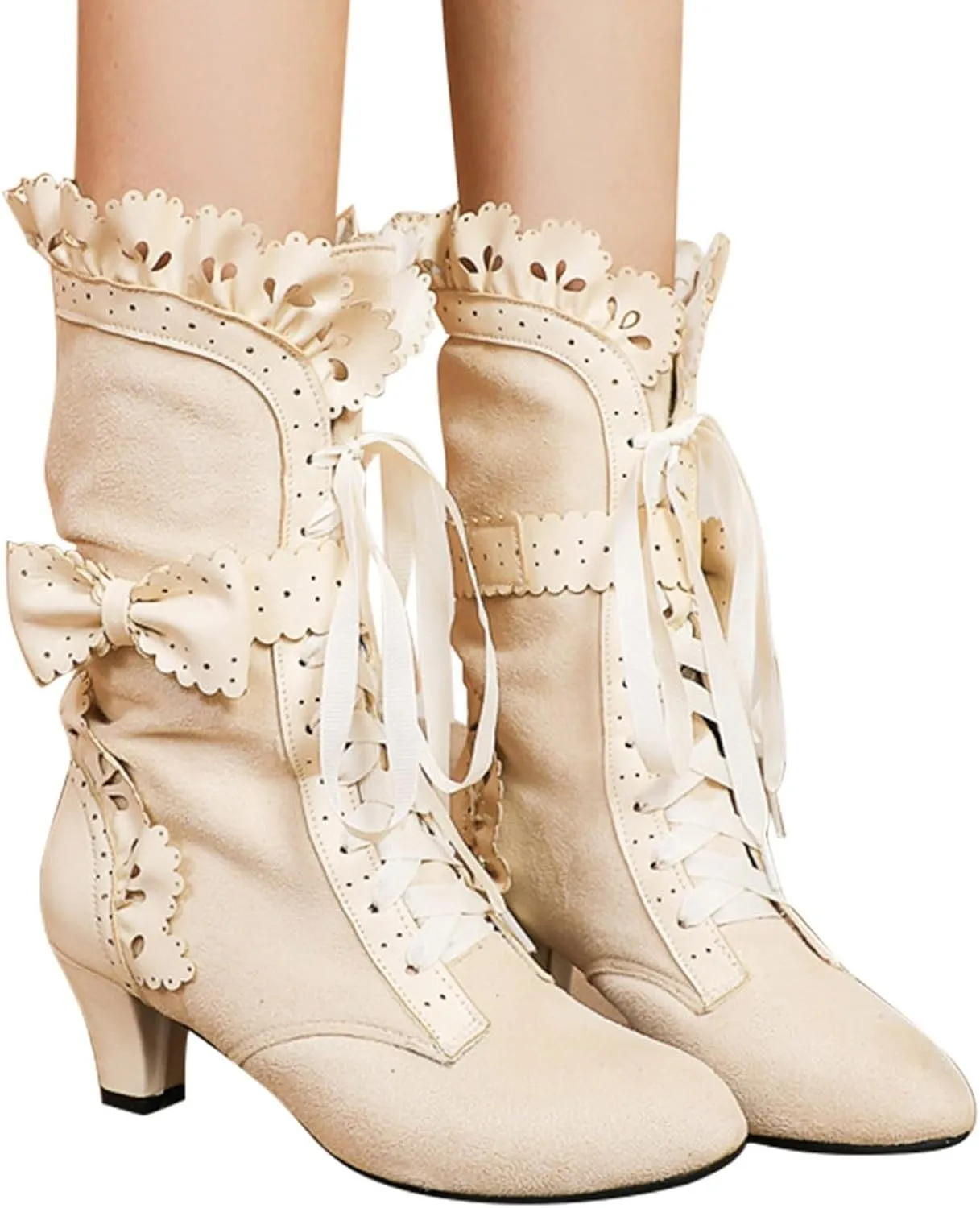 Cathalem Gothic Boots for Women Halloween Womens Mid Calf Boots Gothic Chunky Heel Lace Up Mesh Vintage Round Toe Knight Boots