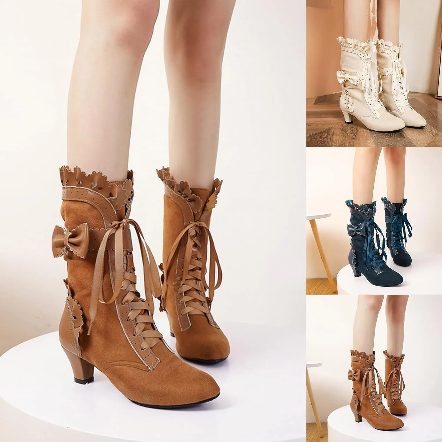 Cathalem Gothic Boots for Women Halloween Womens Mid Calf Boots Gothic Chunky Heel Lace Up Mesh Vintage Round Toe Knight Boots