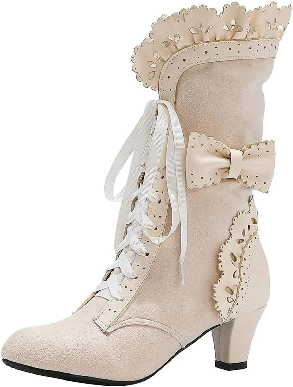 Cathalem Gothic Boots for Women Halloween Womens Mid Calf Boots Gothic Chunky Heel Lace Up Mesh Vintage Round Toe Knight Boots