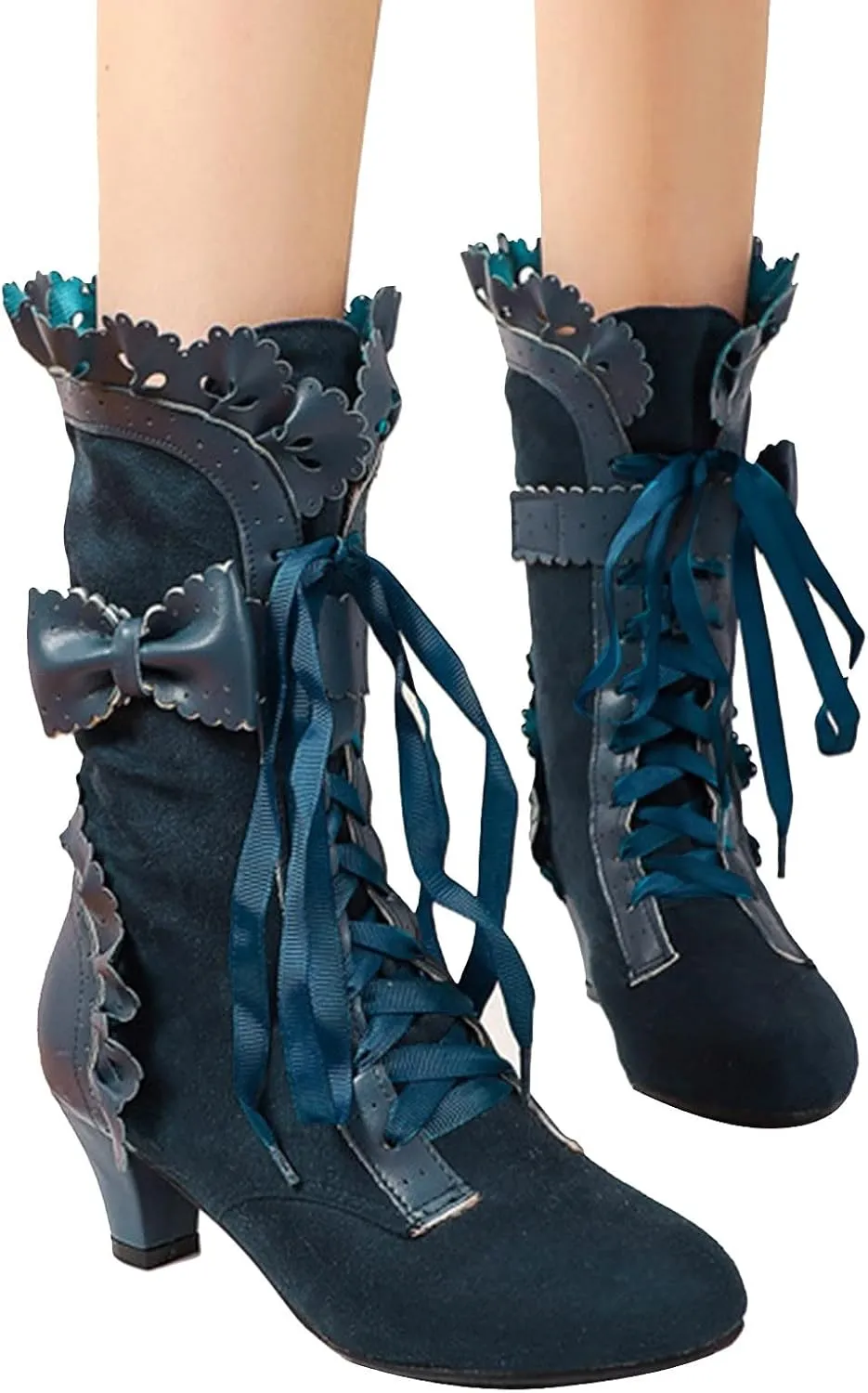 Cathalem Gothic Boots for Women Halloween Womens Mid Calf Boots Gothic Chunky Heel Lace Up Mesh Vintage Round Toe Knight Boots