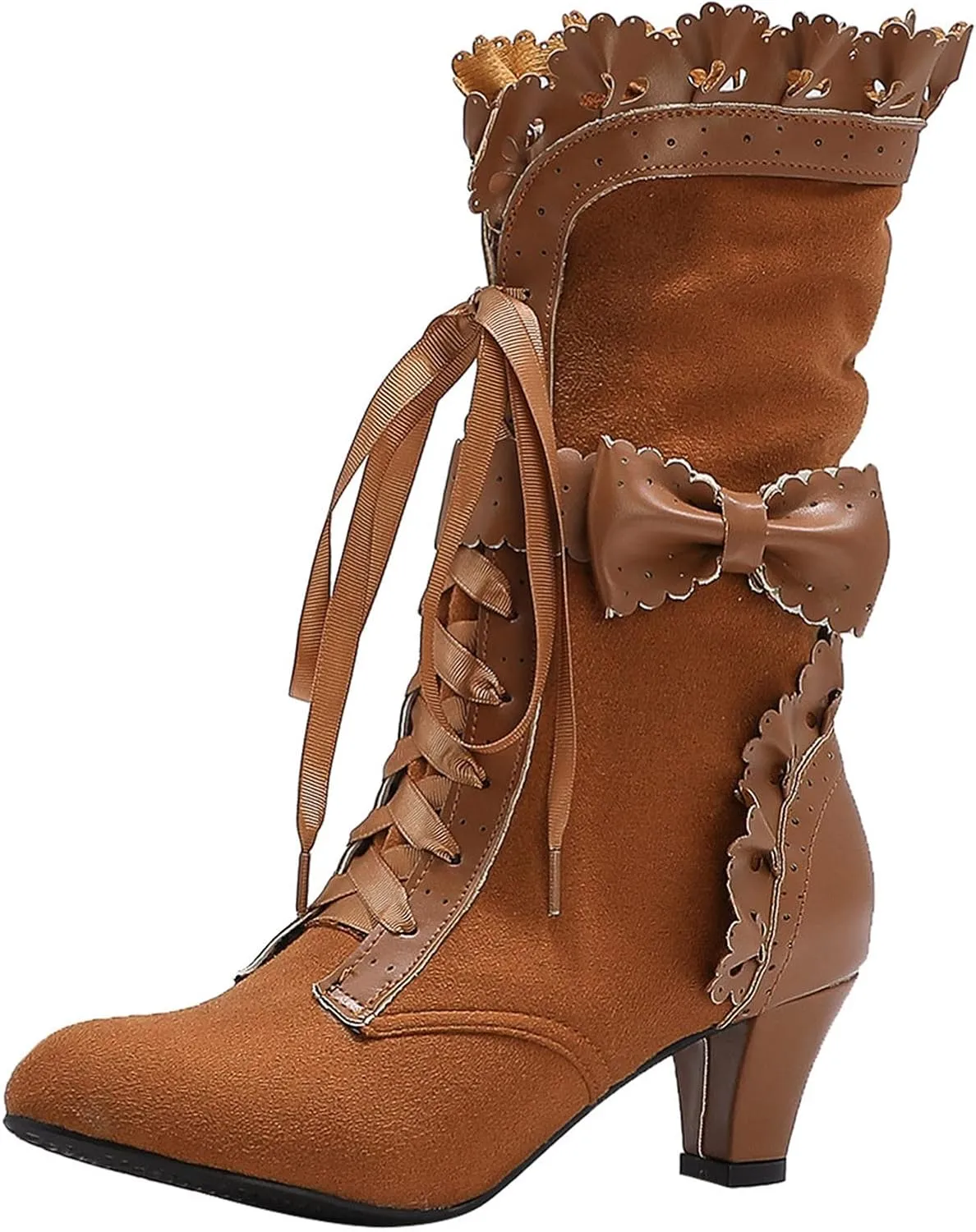 Cathalem Gothic Boots for Women Halloween Womens Mid Calf Boots Gothic Chunky Heel Lace Up Mesh Vintage Round Toe Knight Boots