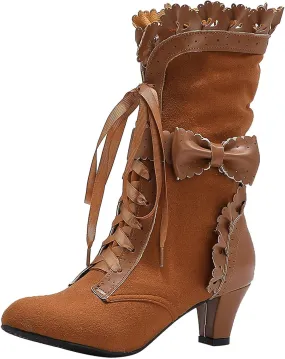 Cathalem Gothic Boots for Women Halloween Womens Mid Calf Boots Gothic Chunky Heel Lace Up Mesh Vintage Round Toe Knight Boots