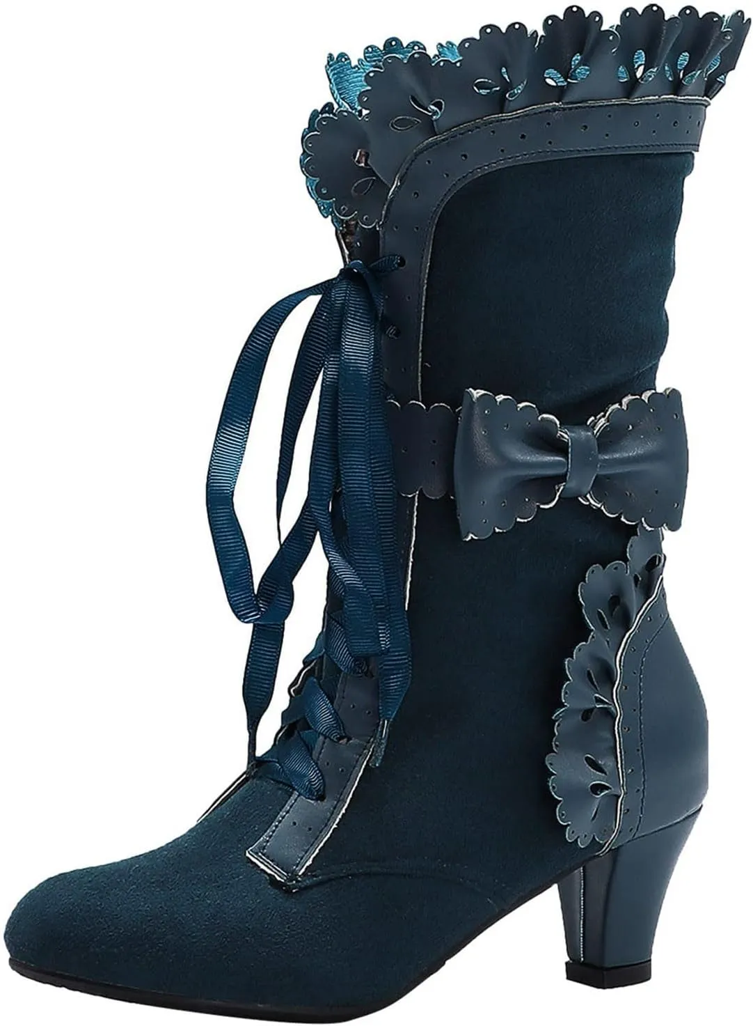 Cathalem Gothic Boots for Women Halloween Womens Mid Calf Boots Gothic Chunky Heel Lace Up Mesh Vintage Round Toe Knight Boots