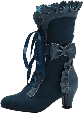 Cathalem Gothic Boots for Women Halloween Womens Mid Calf Boots Gothic Chunky Heel Lace Up Mesh Vintage Round Toe Knight Boots