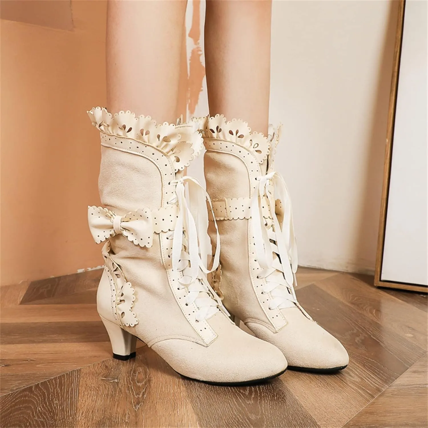 Cathalem Gothic Boots for Women Halloween Womens Mid Calf Boots Gothic Chunky Heel Lace Up Mesh Vintage Round Toe Knight Boots