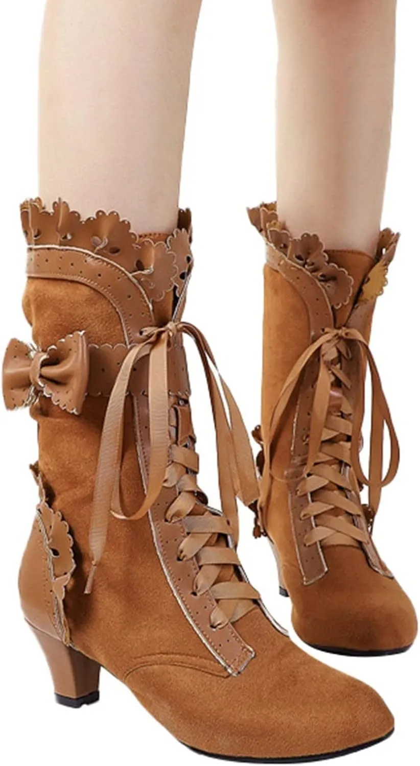 Cathalem Gothic Boots for Women Halloween Womens Mid Calf Boots Gothic Chunky Heel Lace Up Mesh Vintage Round Toe Knight Boots