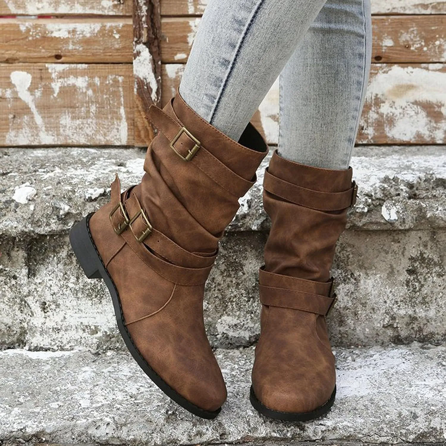 Cathalem Mid Calf Boots for Women, Women's Buckle Strap Wide Calf Cowboy Boots Square Toe Western Cowgirl Boots