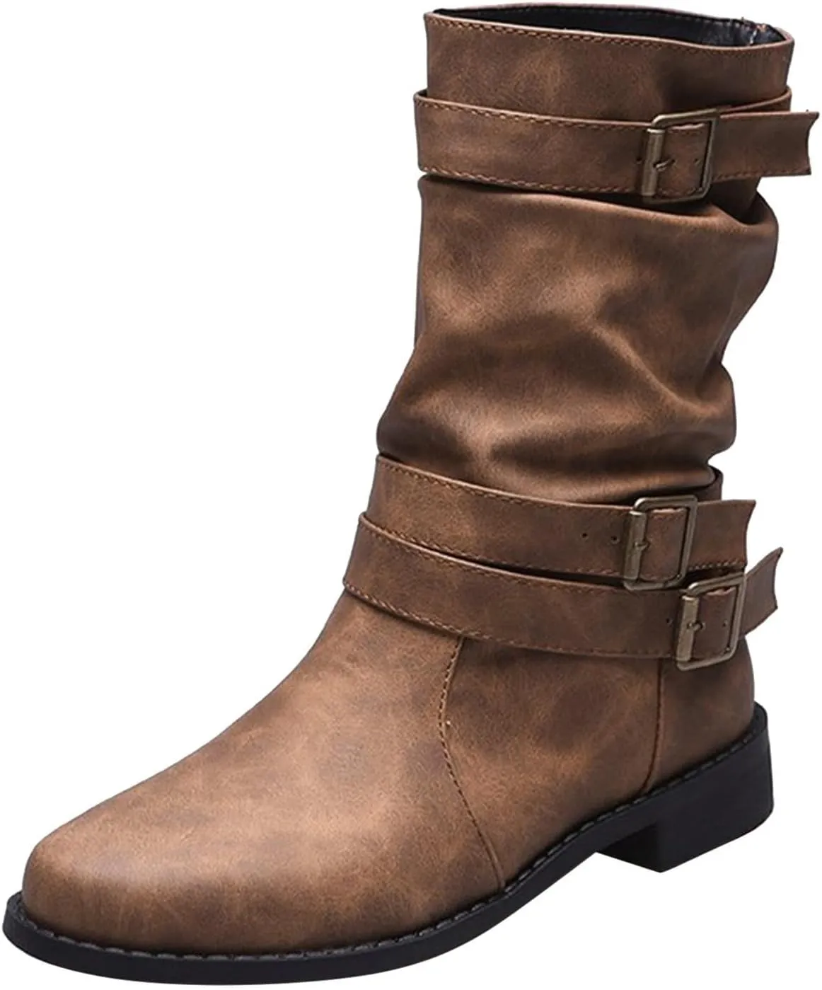 Cathalem Mid Calf Boots for Women, Women's Buckle Strap Wide Calf Cowboy Boots Square Toe Western Cowgirl Boots