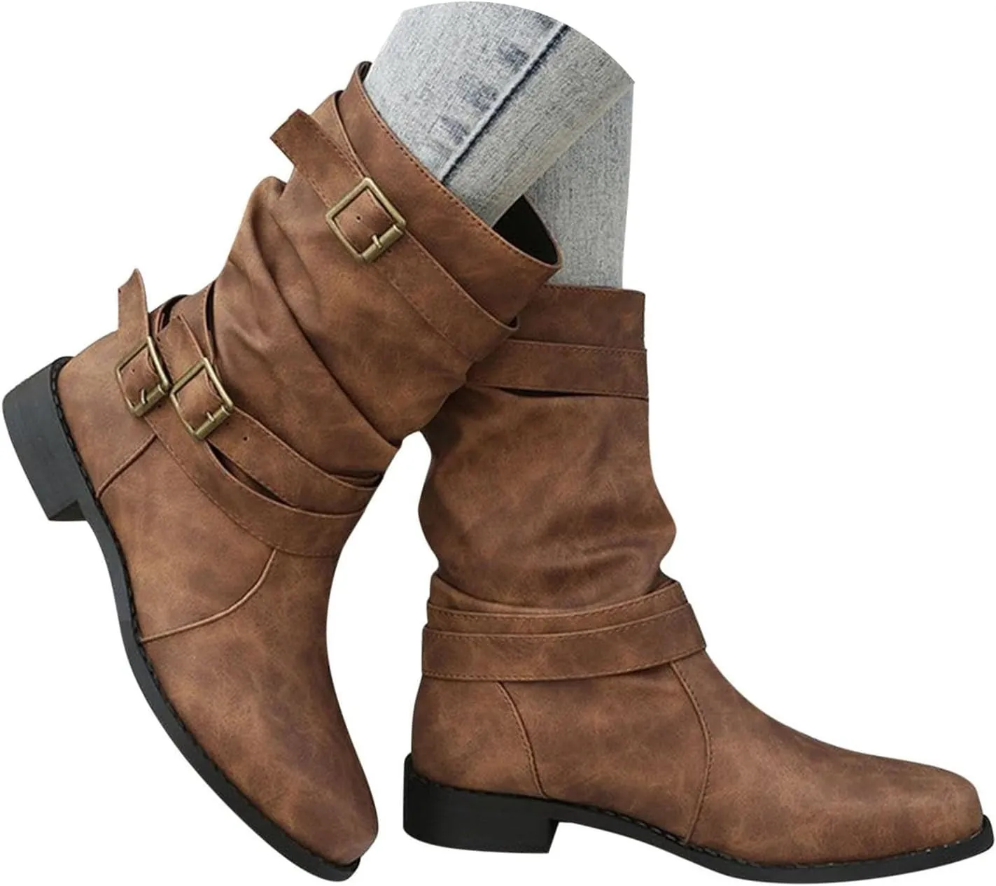 Cathalem Mid Calf Boots for Women, Women's Buckle Strap Wide Calf Cowboy Boots Square Toe Western Cowgirl Boots