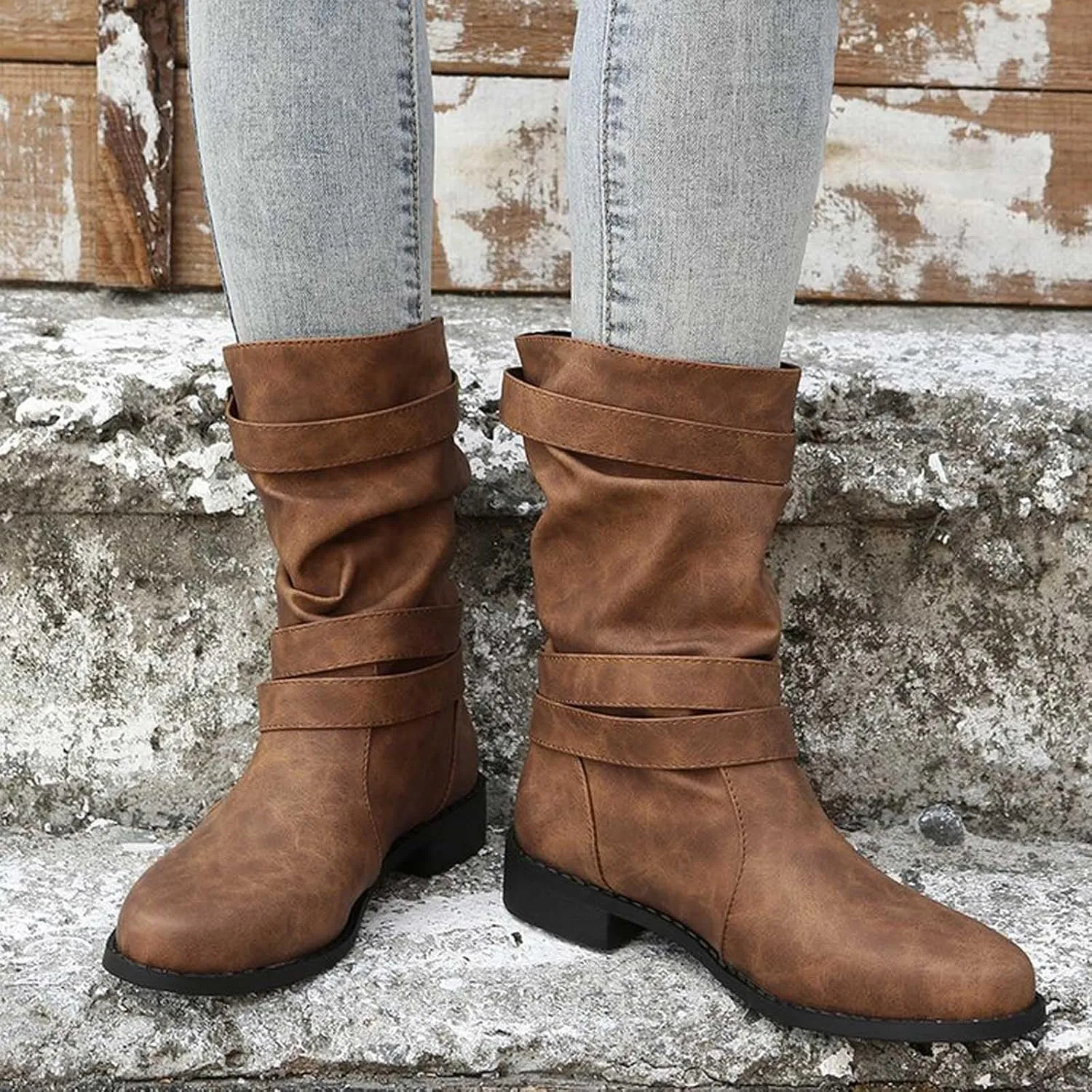 Cathalem Mid Calf Boots for Women, Women's Buckle Strap Wide Calf Cowboy Boots Square Toe Western Cowgirl Boots