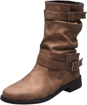 Cathalem Mid Calf Boots for Women, Women's Buckle Strap Wide Calf Cowboy Boots Square Toe Western Cowgirl Boots