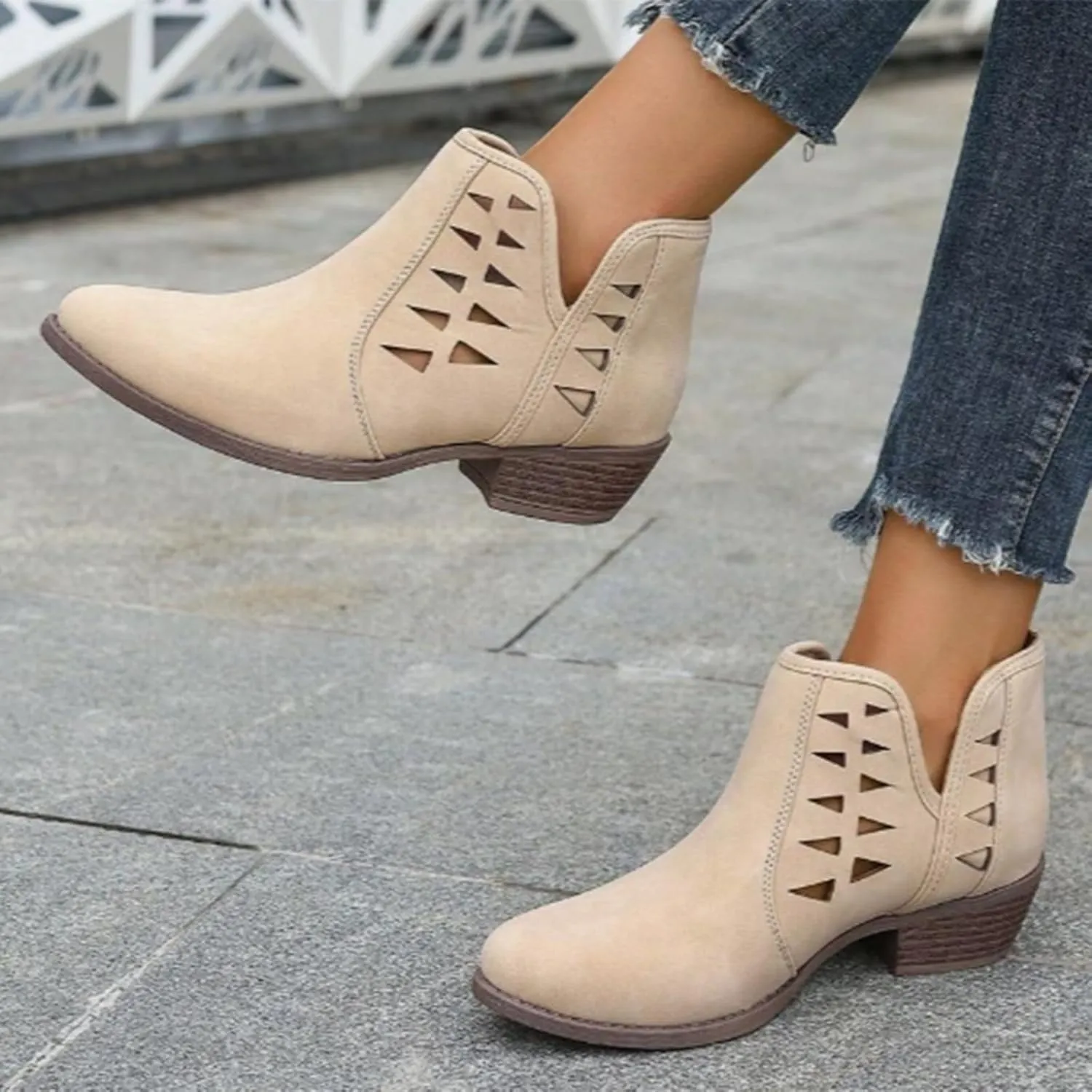 Cathalem Womens Ankle Booties, Womens Perforated Cut Out Stacked Block Heel Ankle Booties Womens Boots Fall 2024