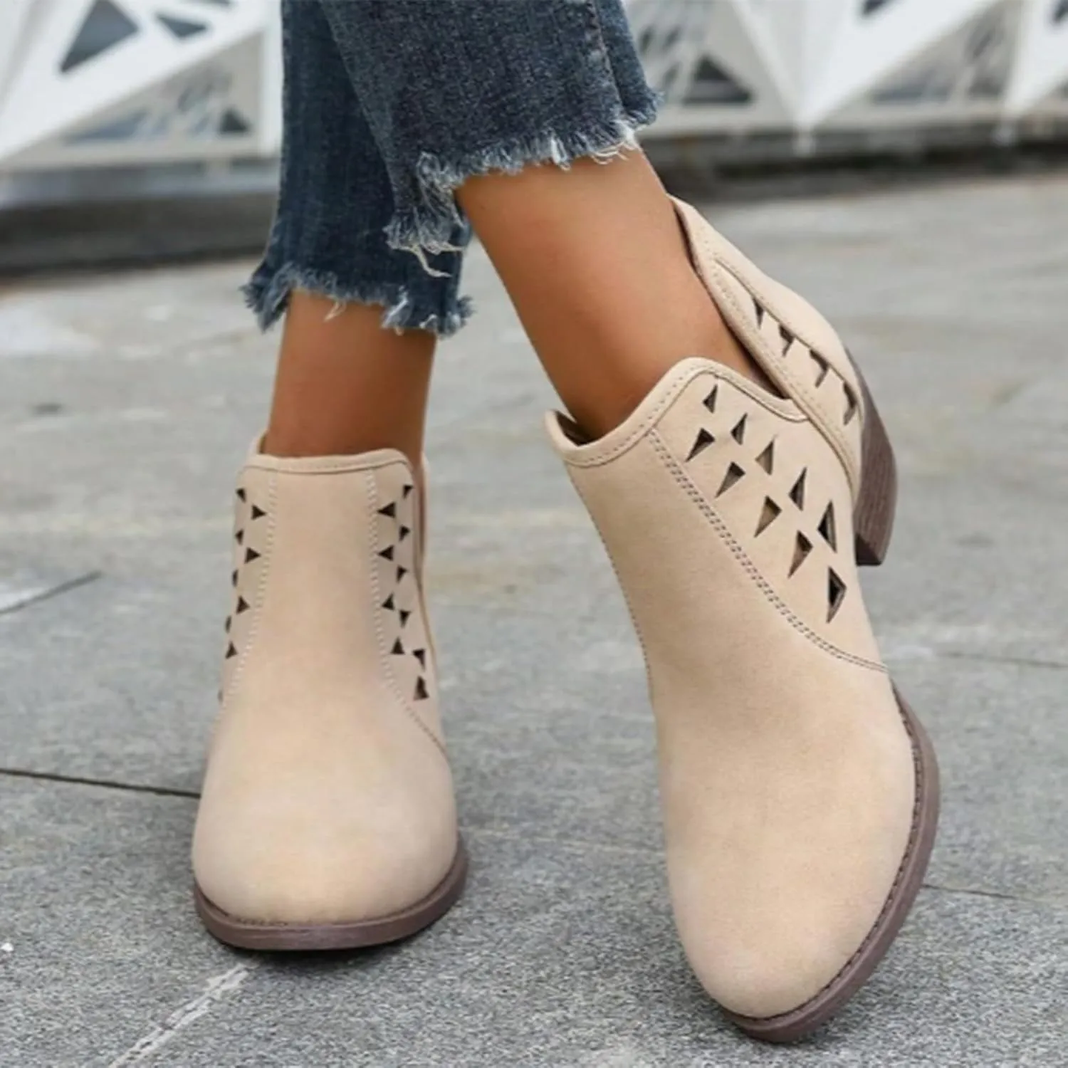 Cathalem Womens Ankle Booties, Womens Perforated Cut Out Stacked Block Heel Ankle Booties Womens Boots Fall 2024