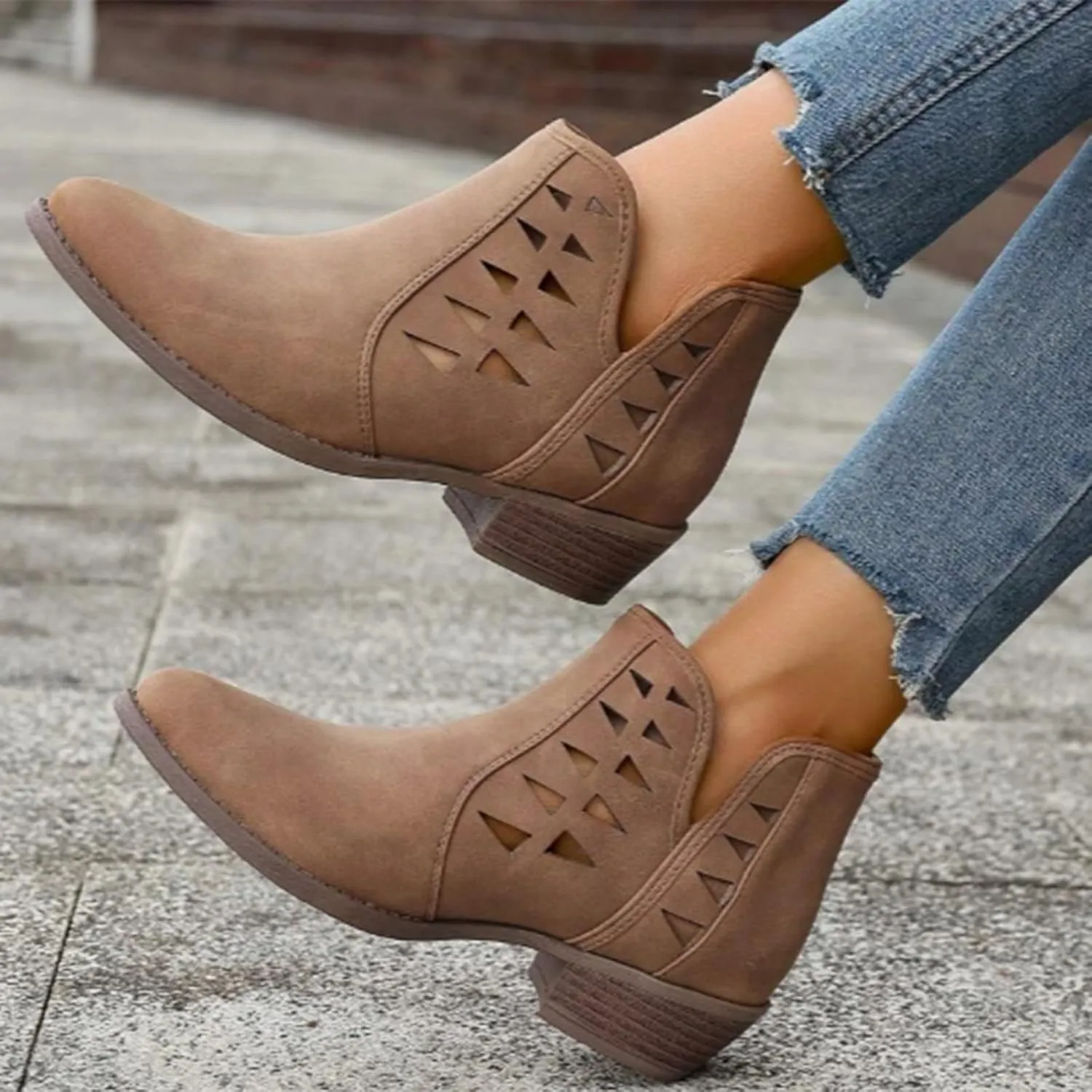 Cathalem Womens Ankle Booties, Womens Perforated Cut Out Stacked Block Heel Ankle Booties Womens Boots Fall 2024