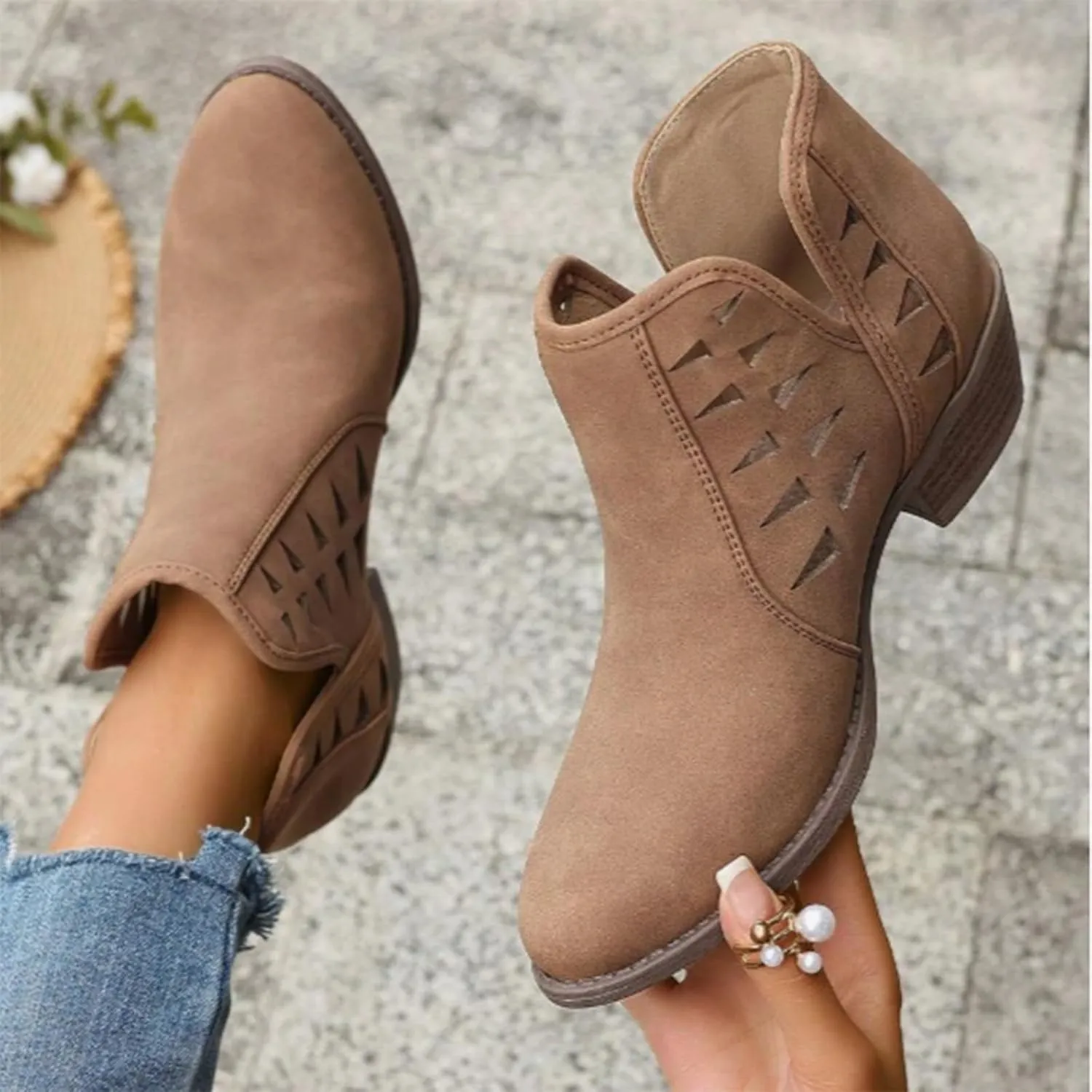 Cathalem Womens Ankle Booties, Womens Perforated Cut Out Stacked Block Heel Ankle Booties Womens Boots Fall 2024