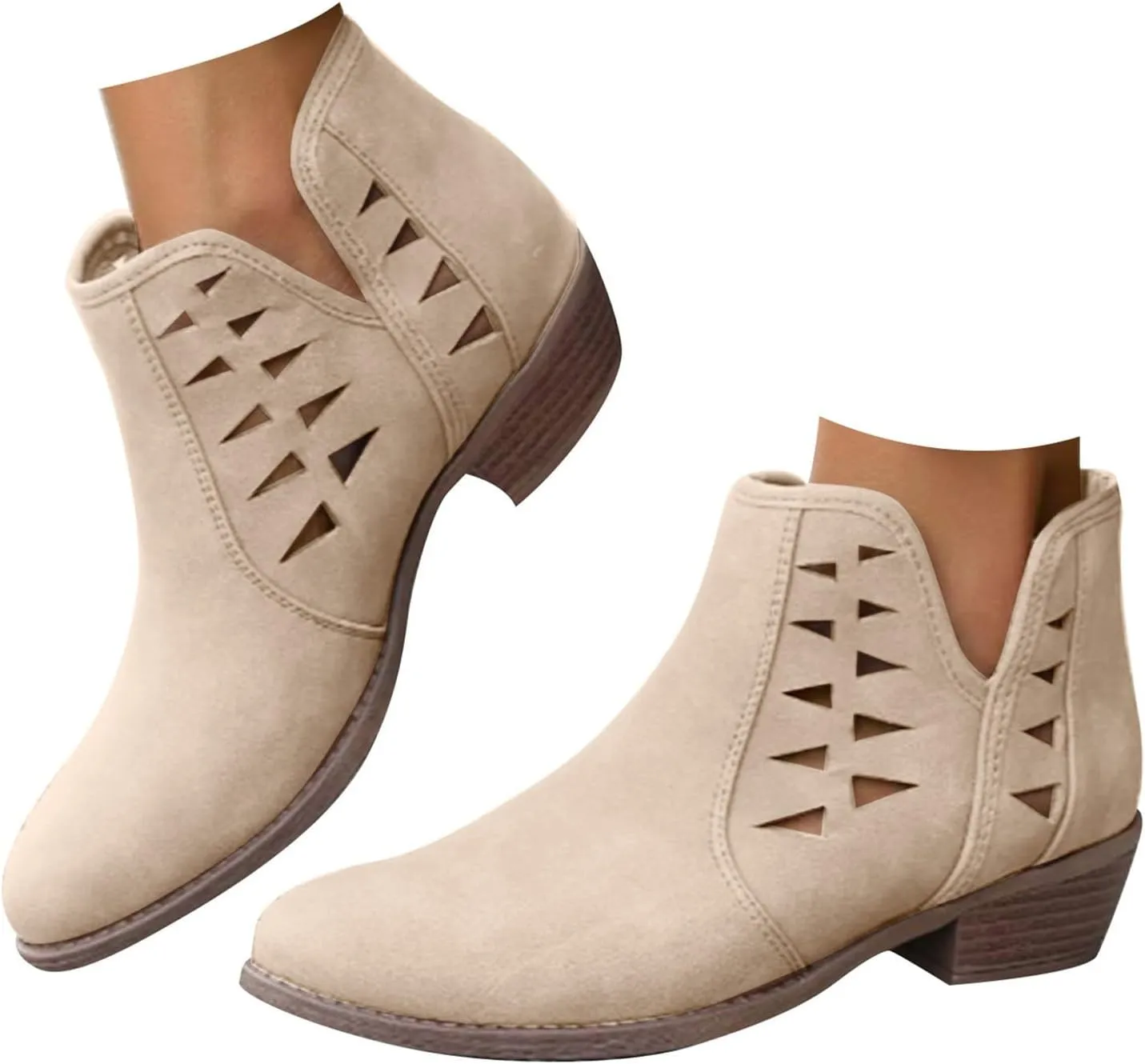 Cathalem Womens Ankle Booties, Womens Perforated Cut Out Stacked Block Heel Ankle Booties Womens Boots Fall 2024