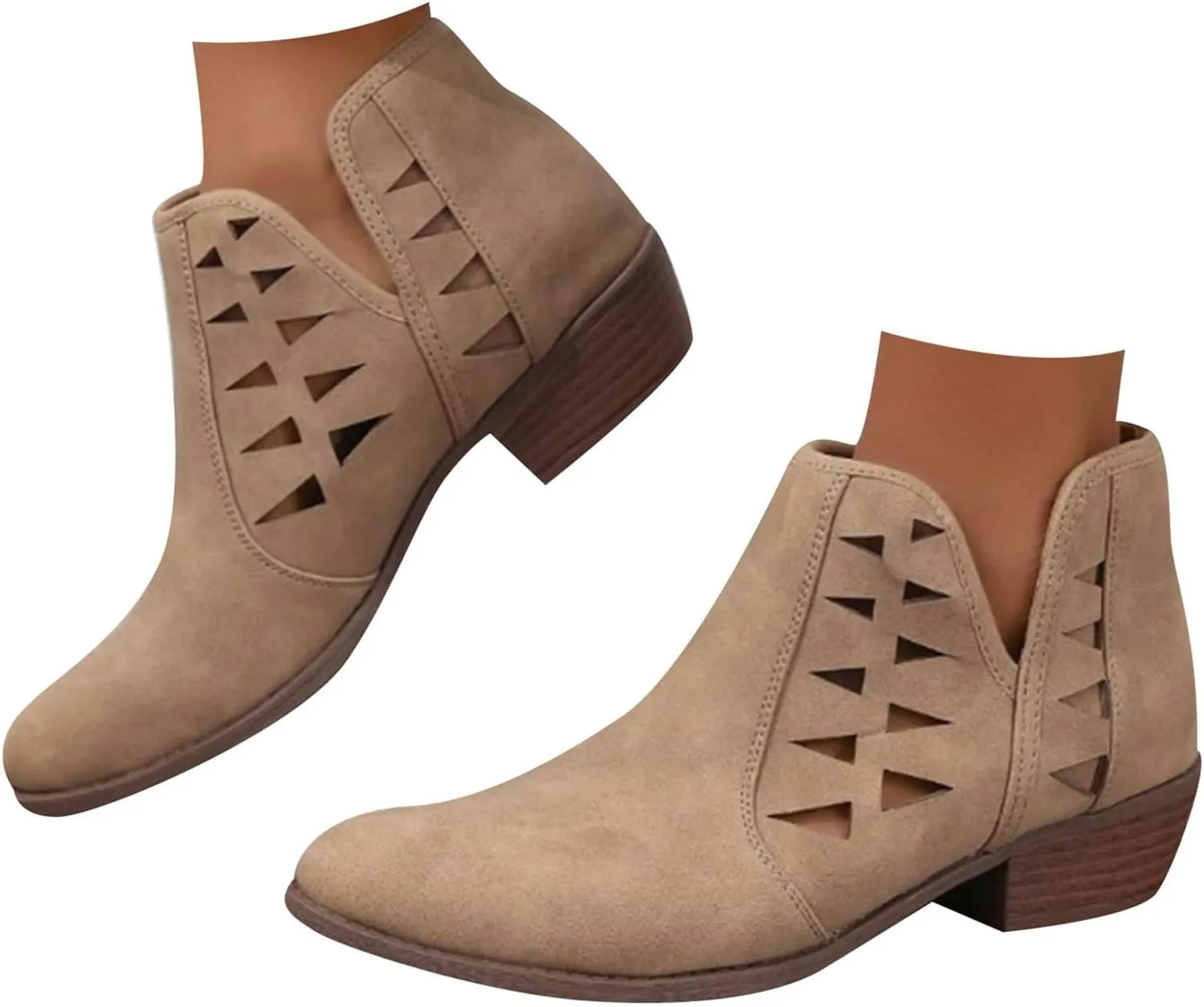 Cathalem Womens Ankle Booties, Womens Perforated Cut Out Stacked Block Heel Ankle Booties Womens Boots Fall 2024