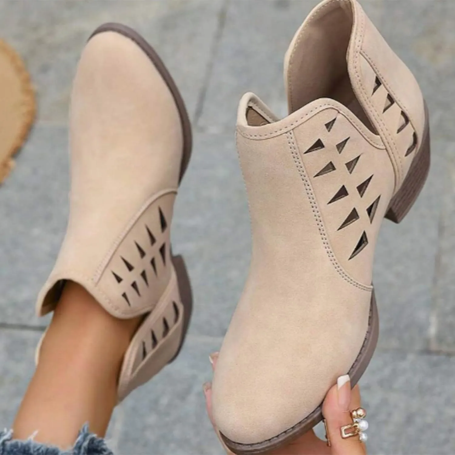 Cathalem Womens Ankle Booties, Womens Perforated Cut Out Stacked Block Heel Ankle Booties Womens Boots Fall 2024