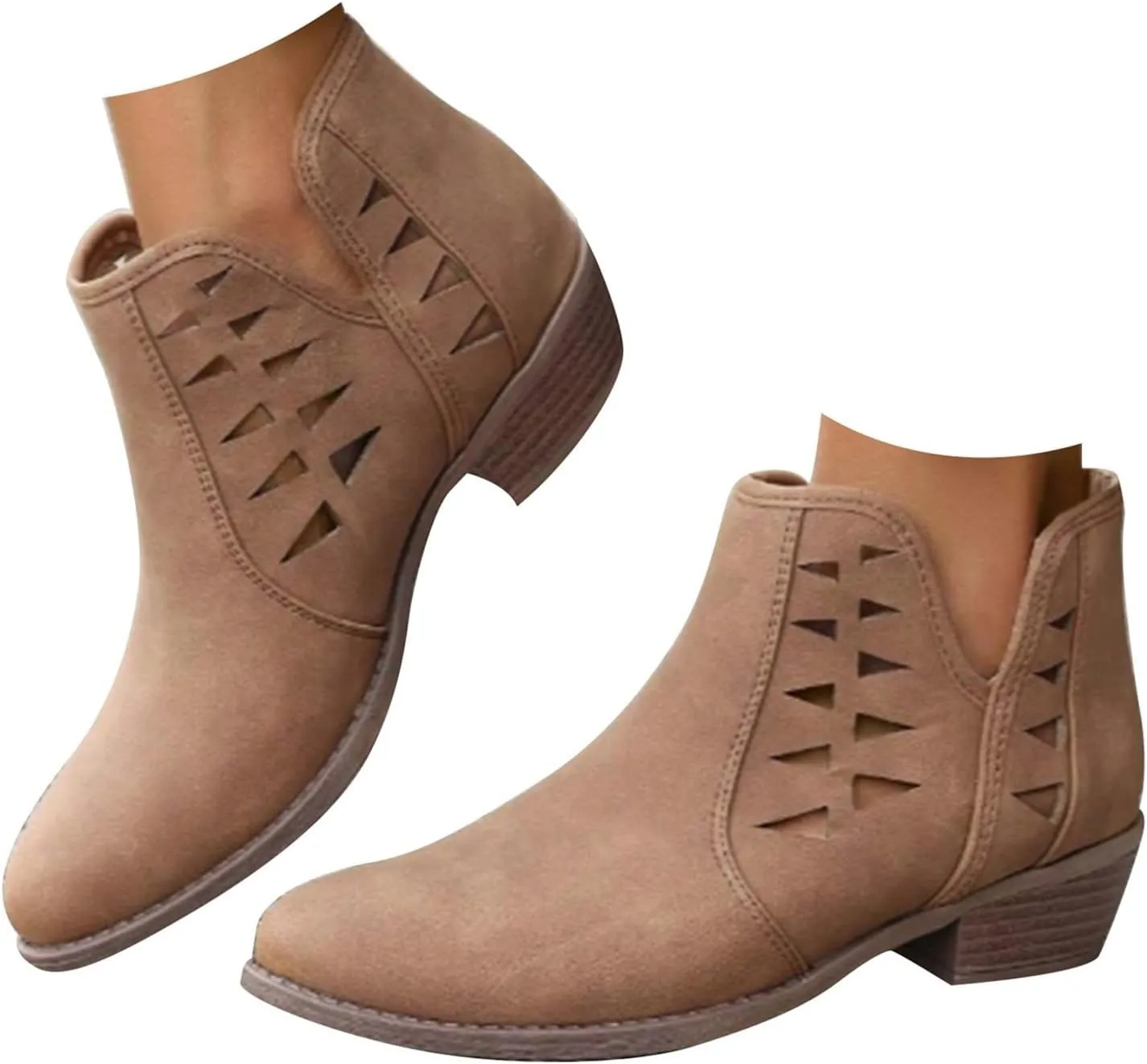Cathalem Womens Ankle Booties, Womens Perforated Cut Out Stacked Block Heel Ankle Booties Womens Boots Fall 2024