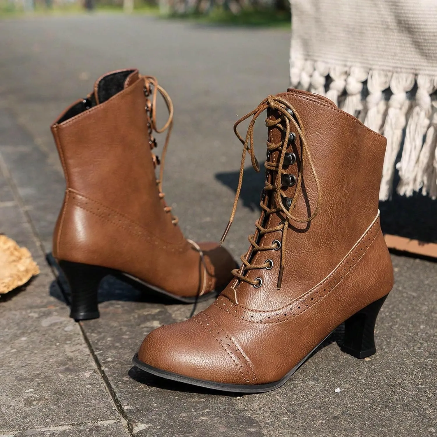 Cathalem Women's Ankle Boots, 2024 New Mid Calf Boots Round Toe Black Boots Chunky Heel Lace Up Witch Boots Knight Boots