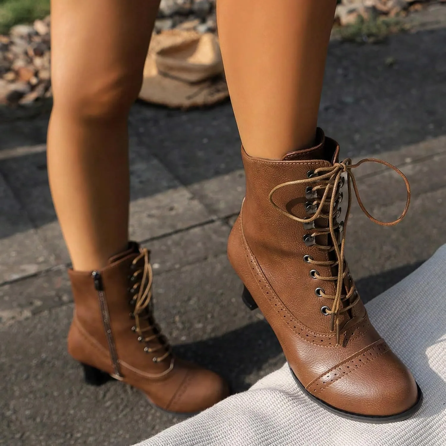 Cathalem Women's Ankle Boots, 2024 New Mid Calf Boots Round Toe Black Boots Chunky Heel Lace Up Witch Boots Knight Boots