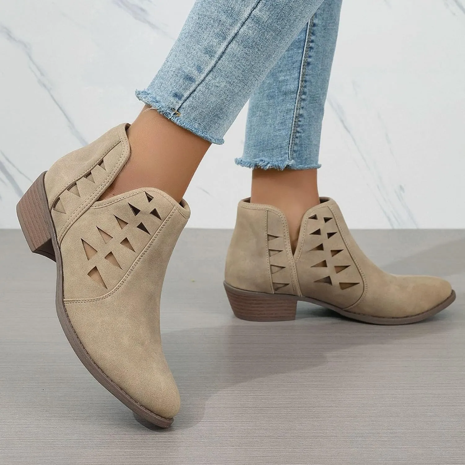 Cathalem Womens Ankle Boots, Ankle Booties for Women,Womens Perforated Cut Out Stacked Block Heel Ankle Booties