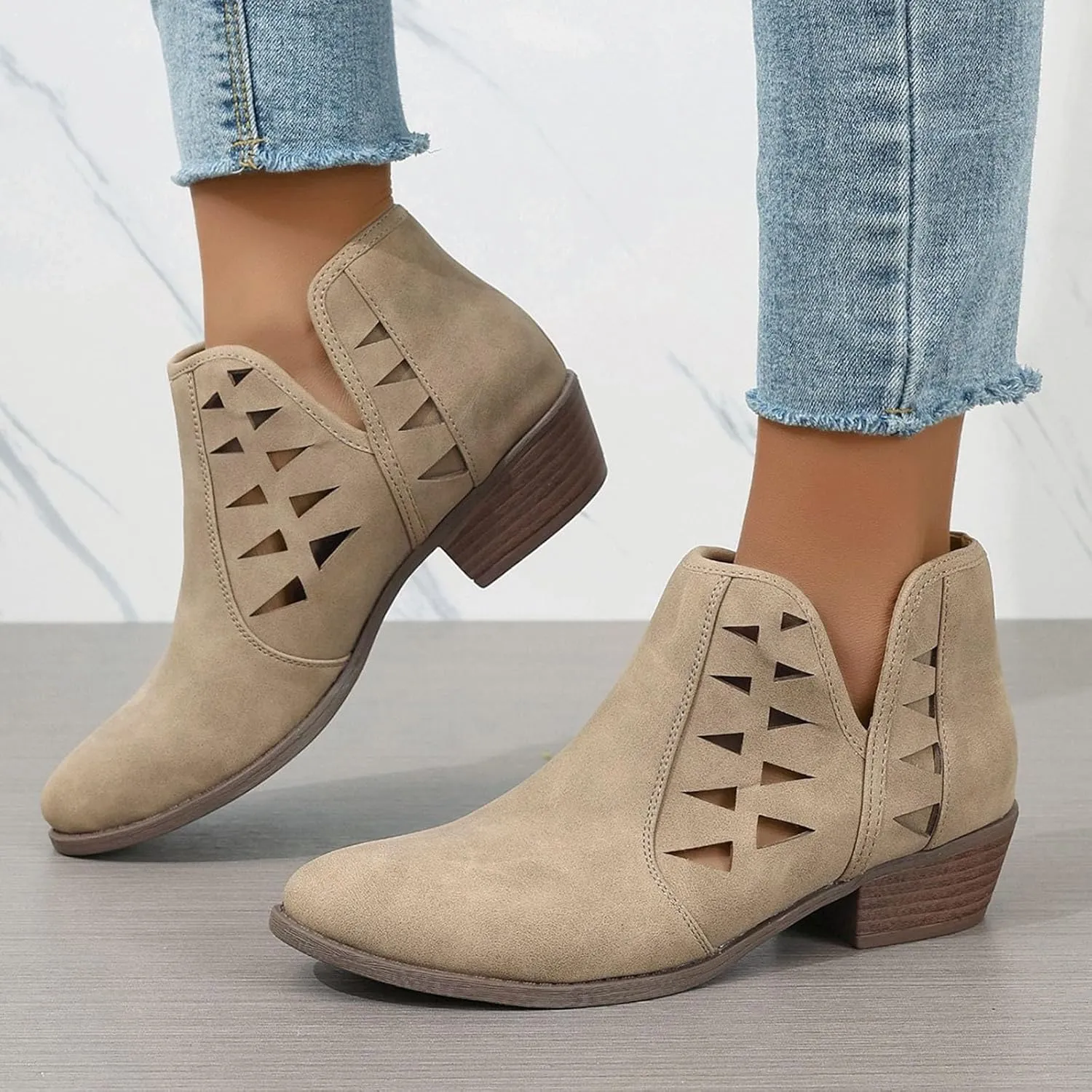 Cathalem Womens Ankle Boots, Ankle Booties for Women,Womens Perforated Cut Out Stacked Block Heel Ankle Booties