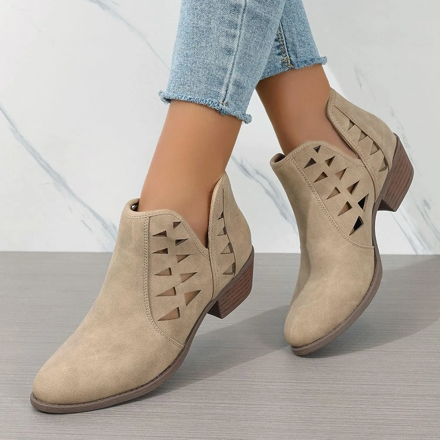 Cathalem Womens Ankle Boots, Ankle Booties for Women,Womens Perforated Cut Out Stacked Block Heel Ankle Booties