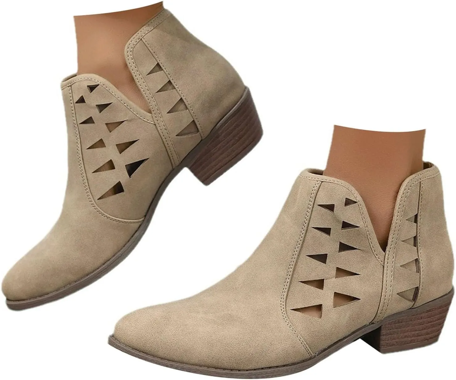 Cathalem Womens Ankle Boots, Ankle Booties for Women,Womens Perforated Cut Out Stacked Block Heel Ankle Booties