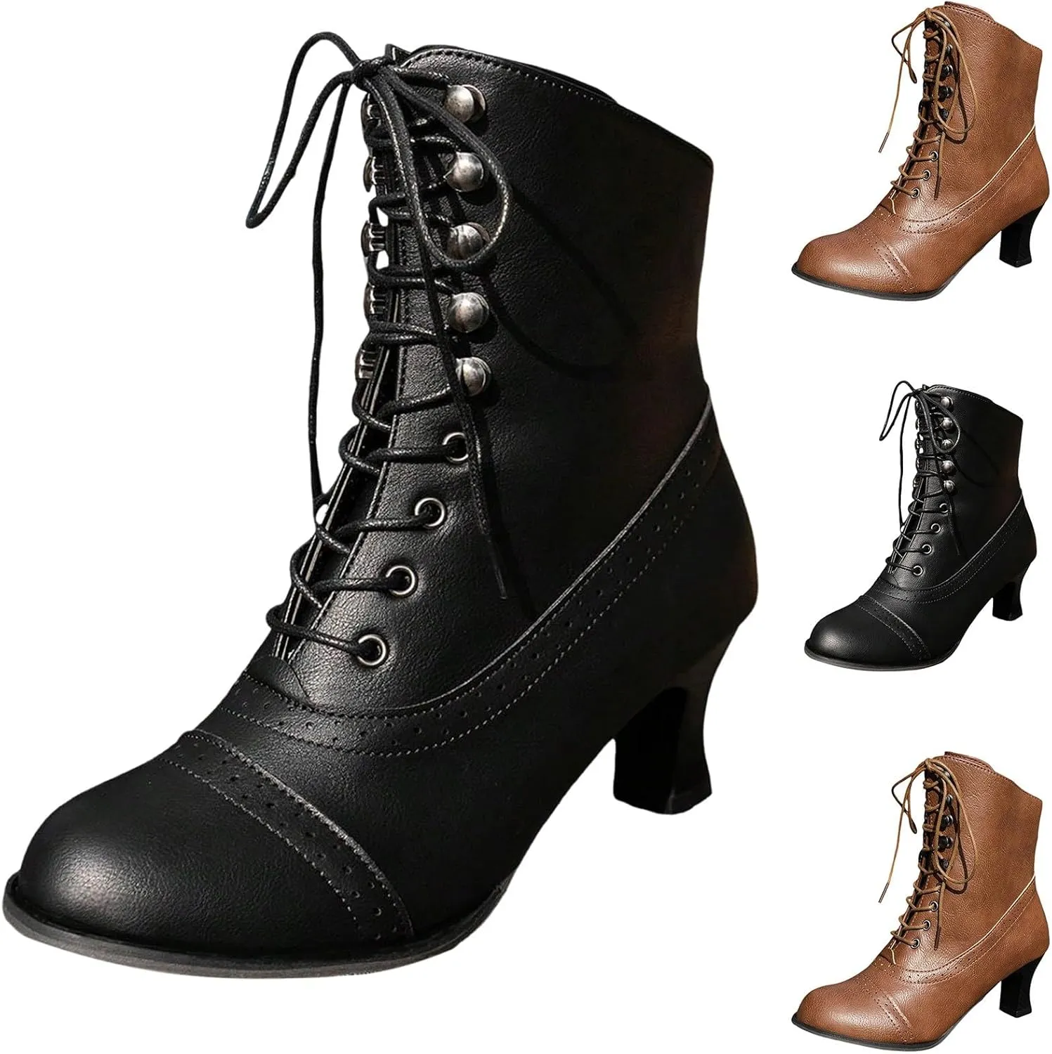 Cathalem Women's Ankle Boots Mid Calf Boots Round Toe Black Boots Chunky Heel Lace Up Witch Boots Knight Boots for Ladies