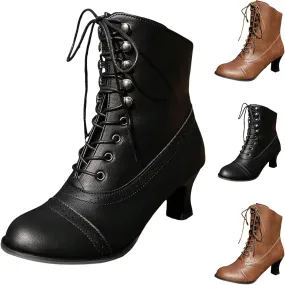 Cathalem Women's Ankle Boots Mid Calf Boots Round Toe Black Boots Chunky Heel Lace Up Witch Boots Knight Boots for Ladies