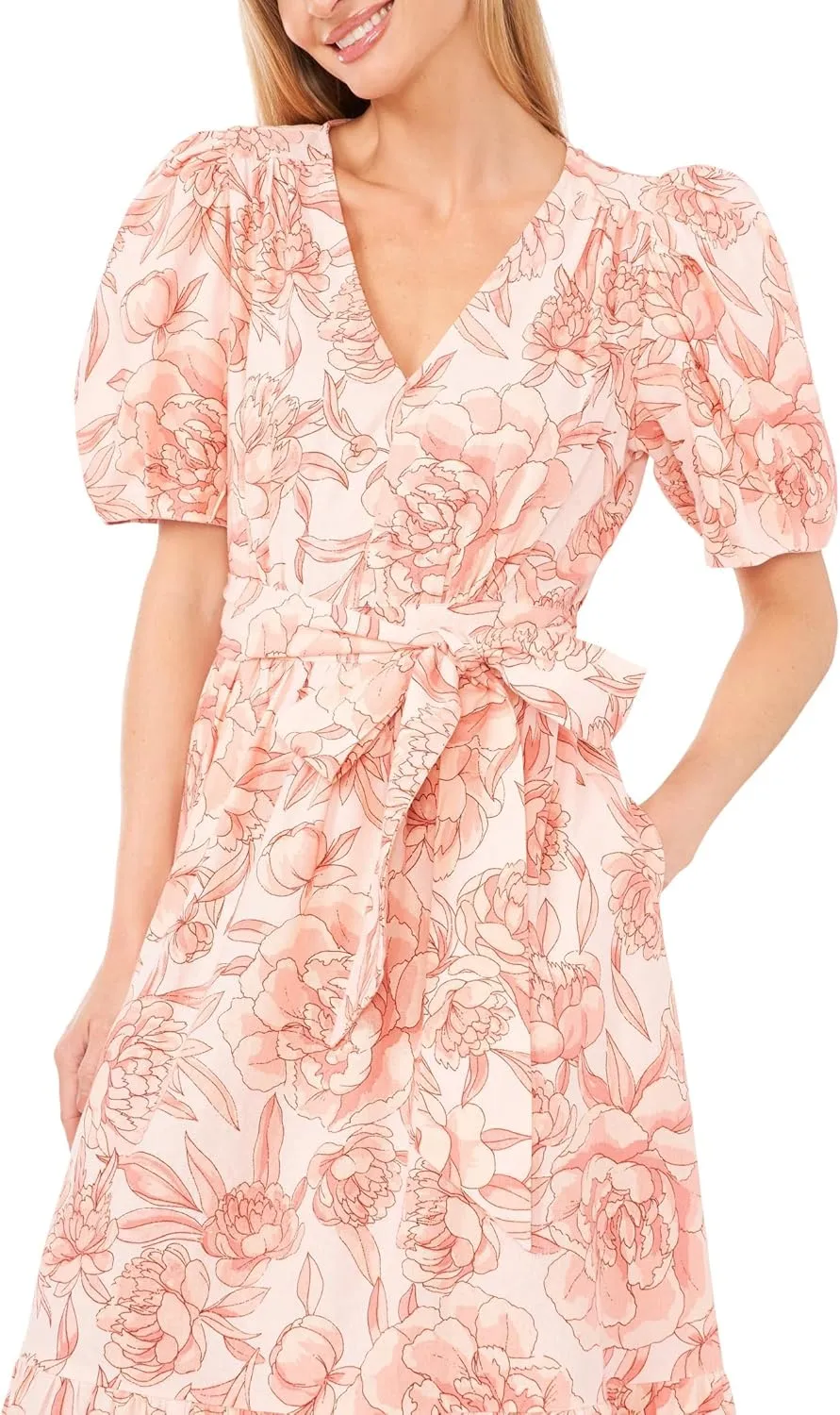 CeCe Women's Printed Linen Puff Sleeve V-Neck Maxi Dress
