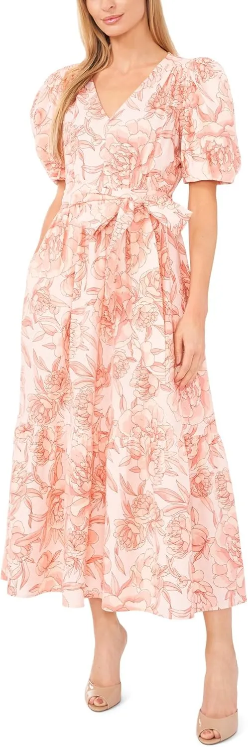 CeCe Women's Printed Linen Puff Sleeve V-Neck Maxi Dress