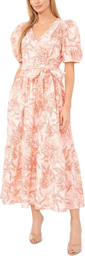 CeCe Women's Printed Linen Puff Sleeve V-Neck Maxi Dress