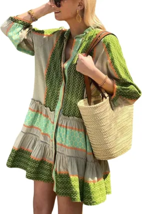 CHARTOU Summer Casual Short Dress for Women 3/4 Sleeve Green Floral Boho Tunic Shirt Dress
