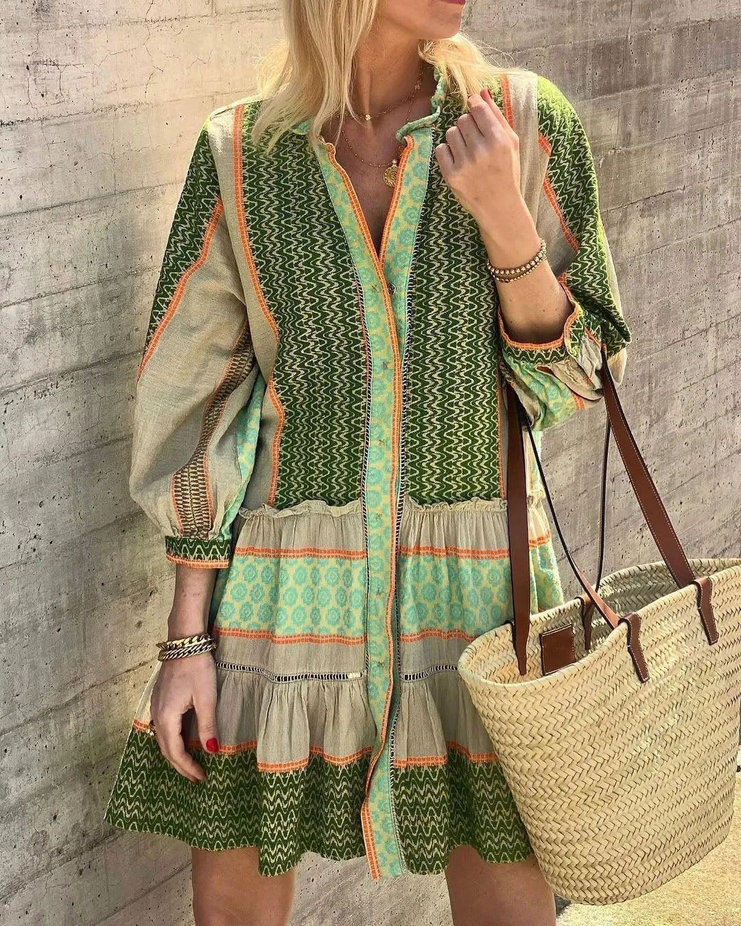 CHARTOU Summer Casual Short Dress for Women 3/4 Sleeve Green Floral Boho Tunic Shirt Dress