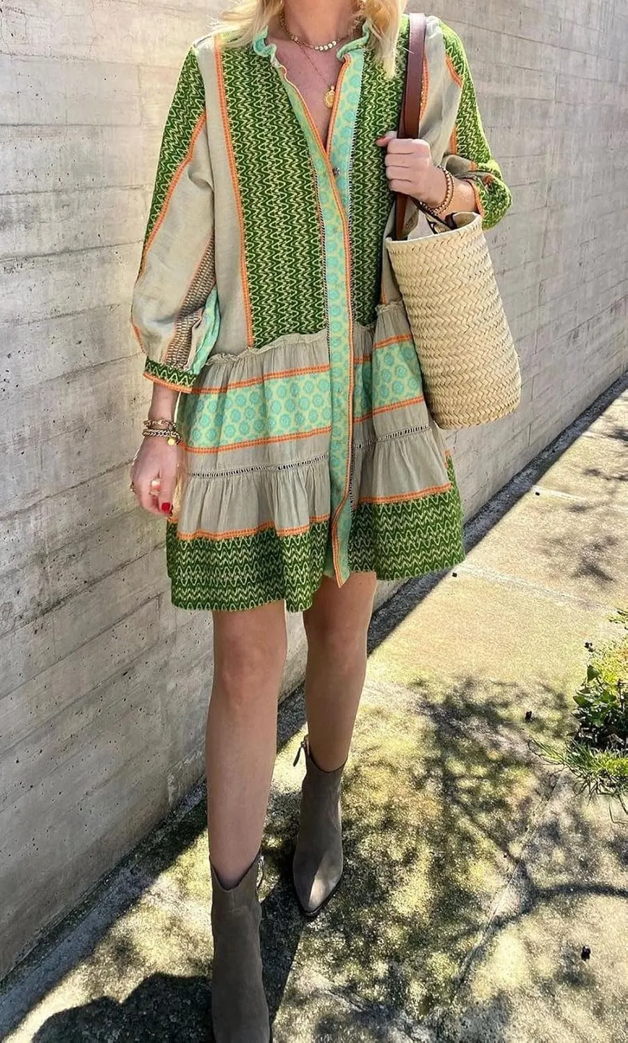 CHARTOU Summer Casual Short Dress for Women 3/4 Sleeve Green Floral Boho Tunic Shirt Dress
