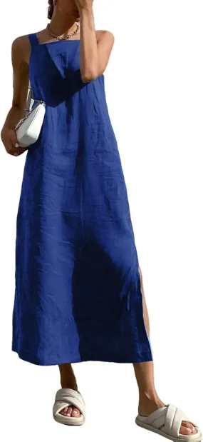 CHARTOU Women Comfy Summer Linen Long Dress Sleeveless Side Slit Vacation Tank Dress with Pockets