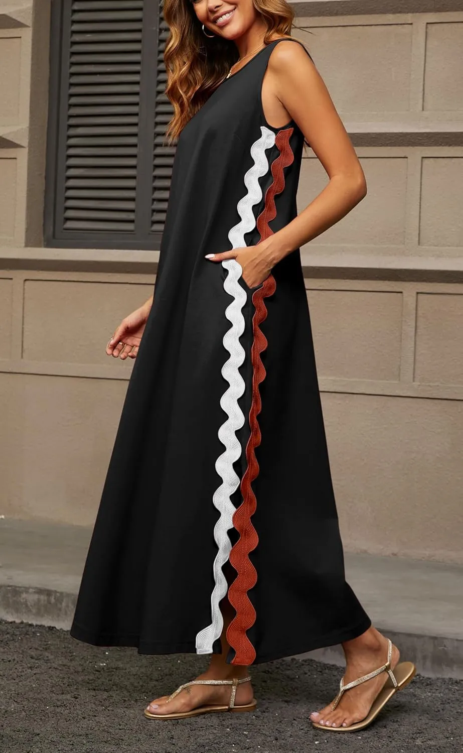 CHARTOU Women RIC Rac Open Back Beach Boho Long Summer Sleeveless Tank Dress with Pockets
