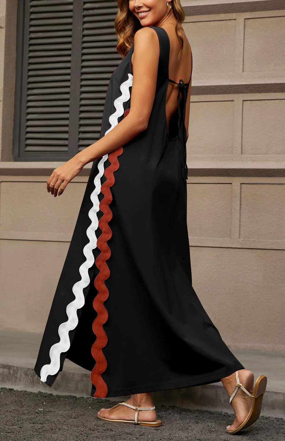 CHARTOU Women RIC Rac Open Back Beach Boho Long Summer Sleeveless Tank Dress with Pockets