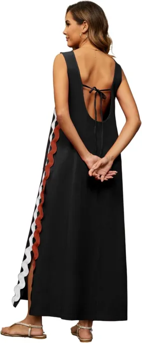 CHARTOU Women RIC Rac Open Back Beach Boho Long Summer Sleeveless Tank Dress with Pockets
