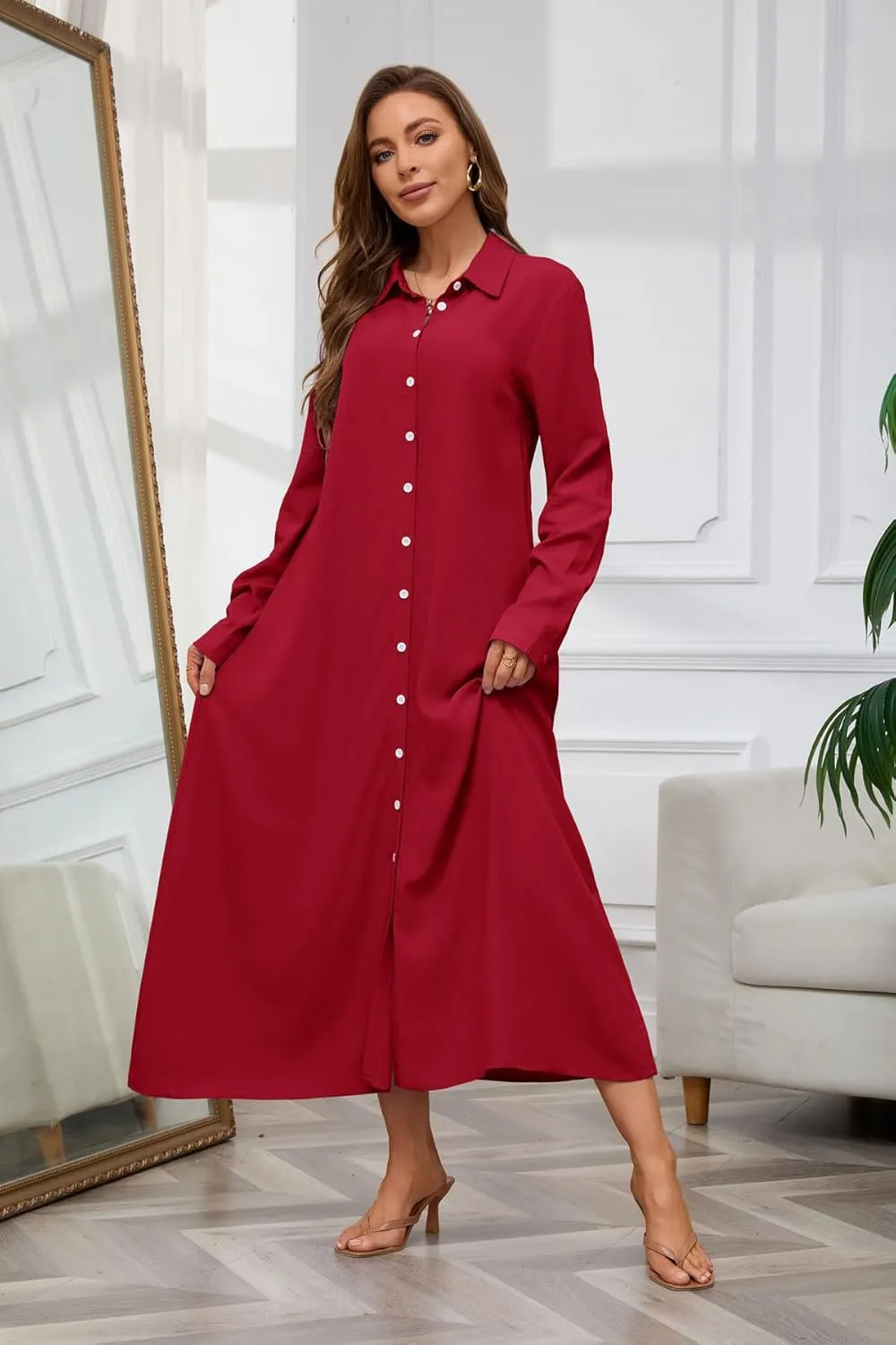 chouyatou Women's Casual Button Down Maxi Shirt Dress Long Sleeve Button Up Tunic Long Dress