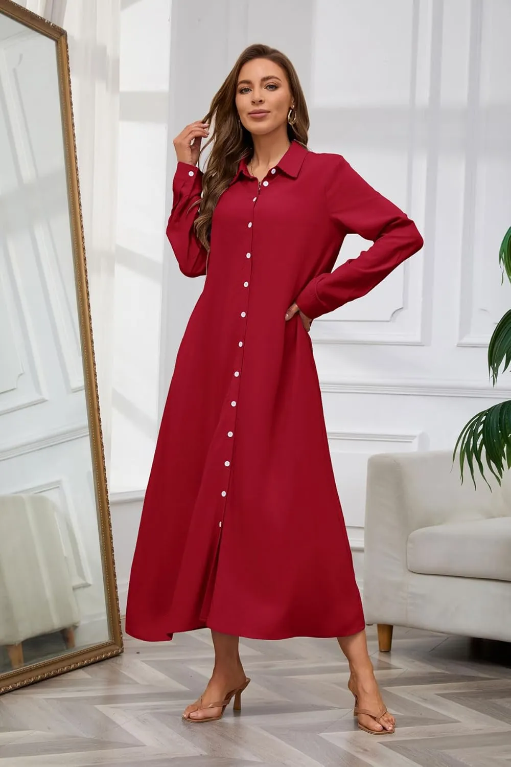 chouyatou Women's Casual Button Down Maxi Shirt Dress Long Sleeve Button Up Tunic Long Dress