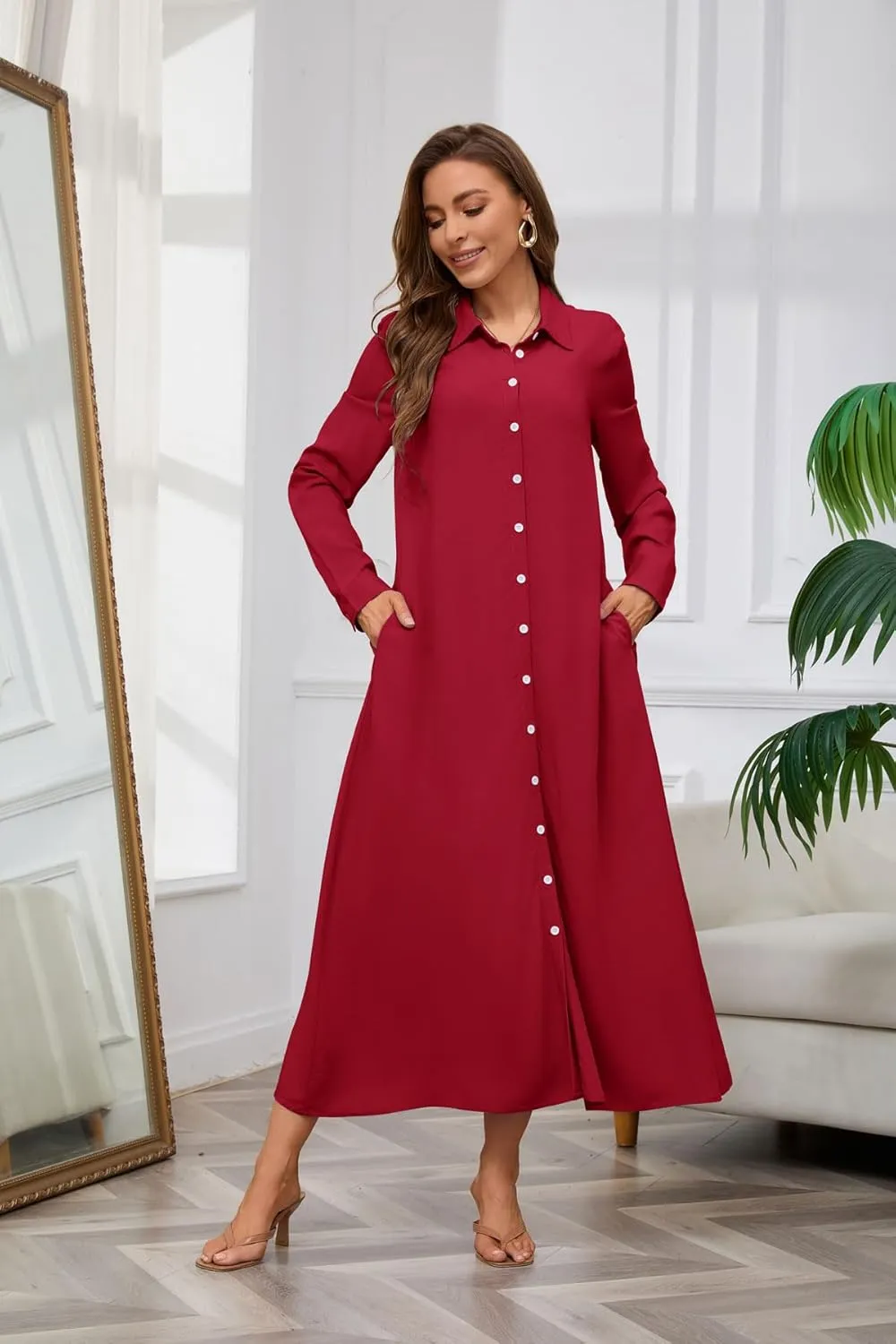 chouyatou Women's Casual Button Down Maxi Shirt Dress Long Sleeve Button Up Tunic Long Dress