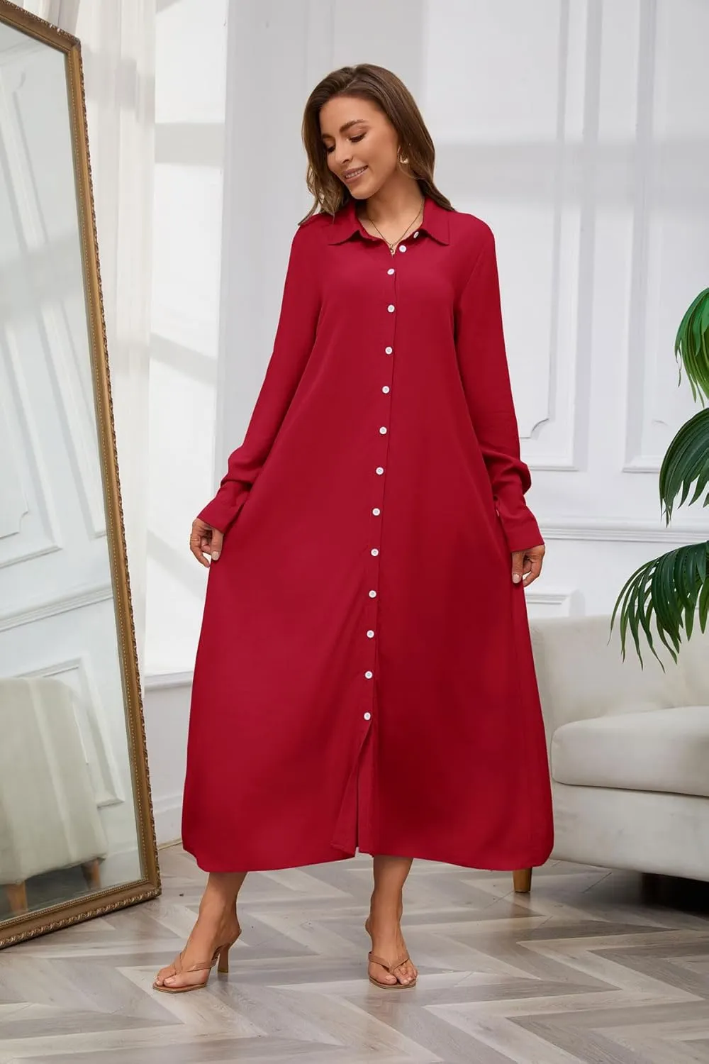 chouyatou Women's Casual Button Down Maxi Shirt Dress Long Sleeve Button Up Tunic Long Dress