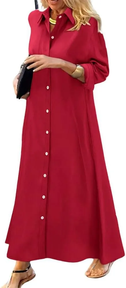 chouyatou Women's Casual Button Down Maxi Shirt Dress Long Sleeve Button Up Tunic Long Dress