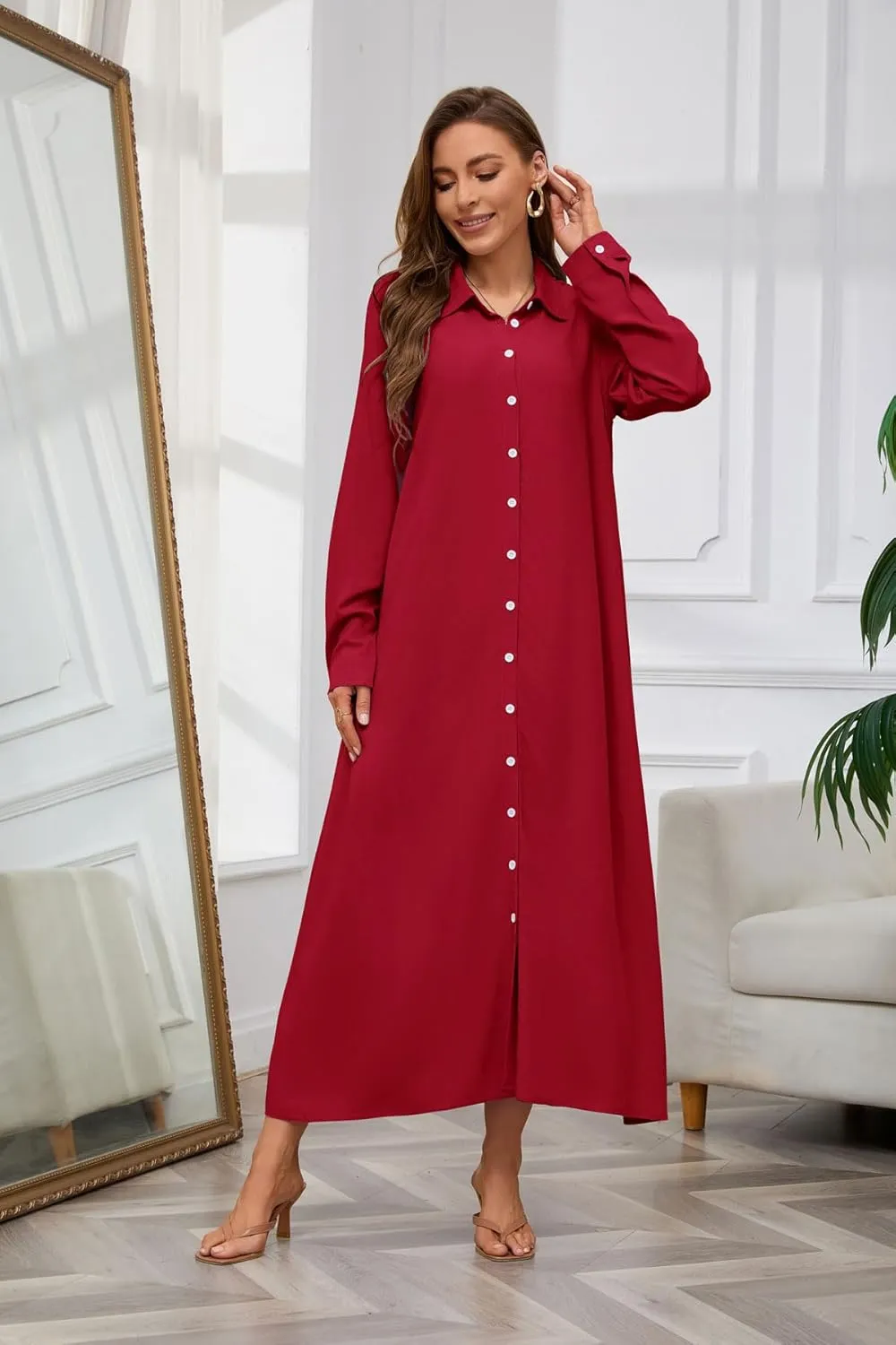 chouyatou Women's Casual Button Down Maxi Shirt Dress Long Sleeve Button Up Tunic Long Dress
