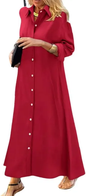 chouyatou Women's Casual Button Down Maxi Shirt Dress Long Sleeve Button Up Tunic Long Dress