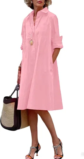 chouyatou Women's Spring Summer Button-Down Shirt Dress Loose A-Line Midi Shift Tunic Dress