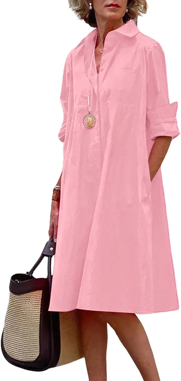 chouyatou Women's Spring Summer Button-Down Shirt Dress Loose A-Line Midi Shift Tunic Dress